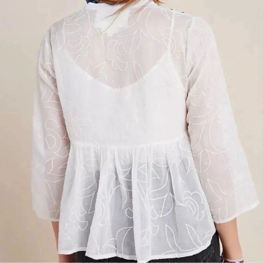 Amit Aggarwal Anthropologie Ramona Embroidered White Babydoll Top SIZE XSMALL - Picture 2 of 13